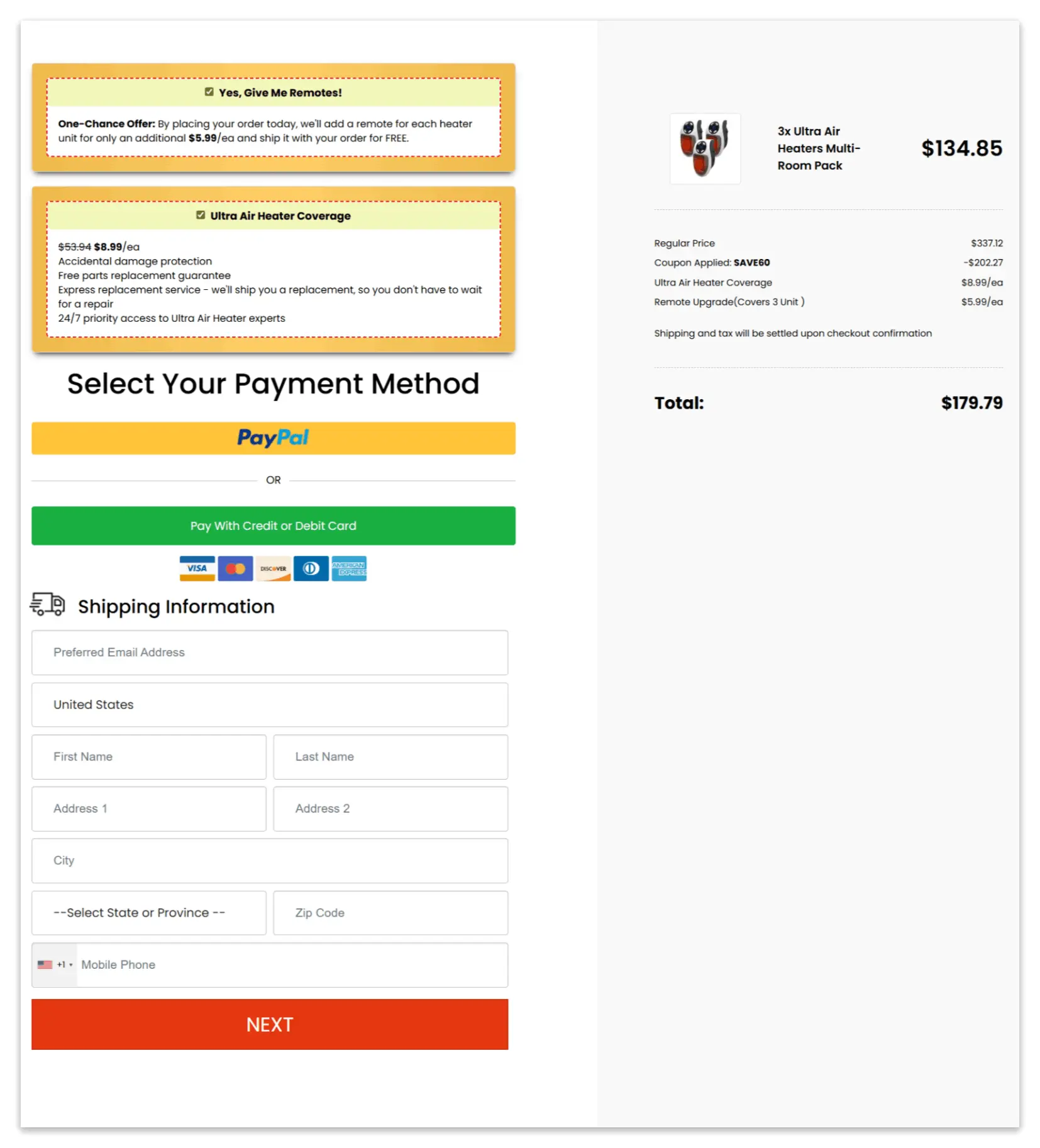 Ultra Air Heater Secure Checkout Page